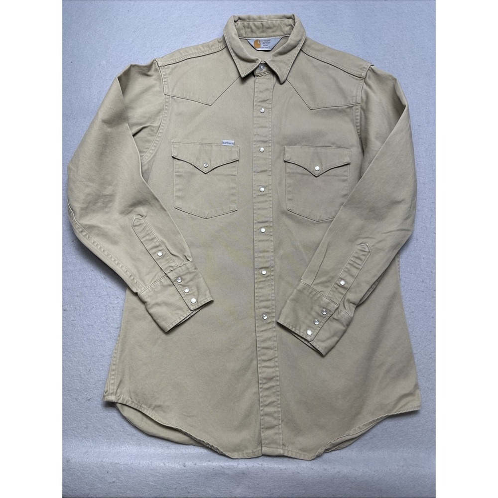 Vtg Carhartt Canvas Western Sz LRG Button Down Shirt Pearl Snap Made in USA Tan